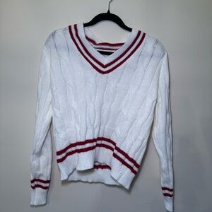 SOLD! White and Red V-Neck Cable Knit Sweater
